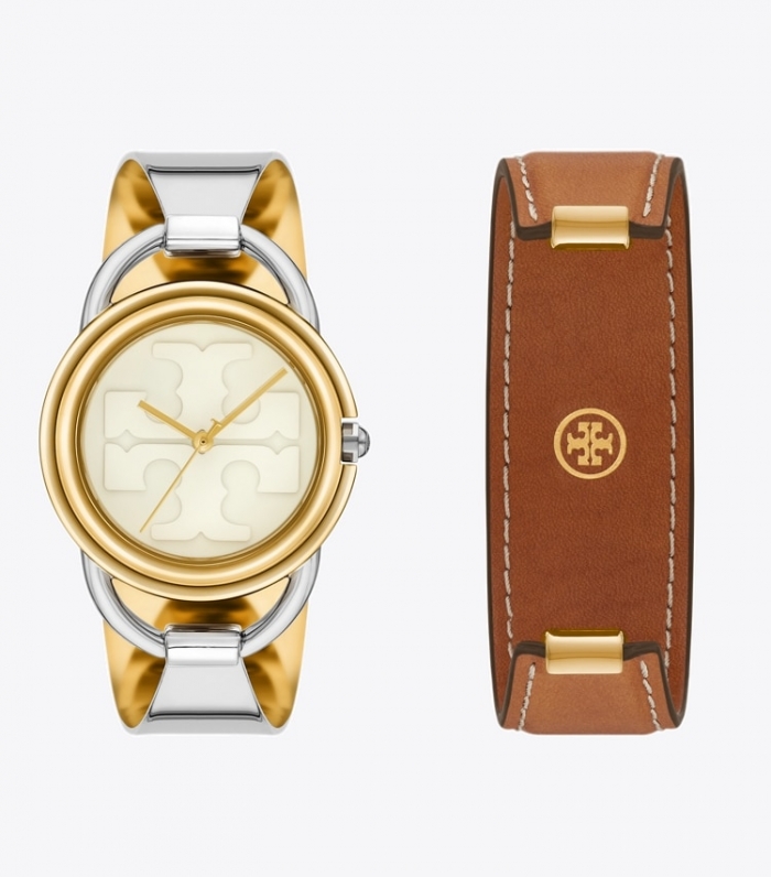 TORY BURCH MILLER WATCH GIFT SET, LEATHER/TWO-TONE STAINLESS STEEL - Ivory/Two-Tone/Gold/Luggage | Free Shipping