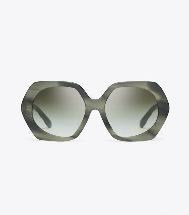 TORY BURCH KIRA OVERSIZED GEOMETRIC SUNGLASSES - Green Horn/Dark Green Clear Gradient | Free Shipping