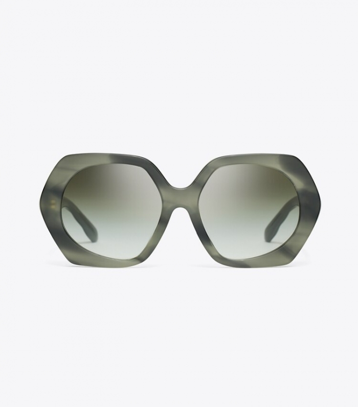 TORY BURCH KIRA OVERSIZED GEOMETRIC SUNGLASSES - Green Horn/Dark Green Clear Gradient | Free Shipping