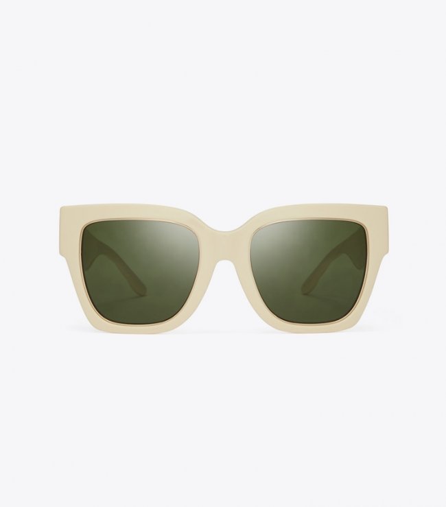 TORY BURCH KIRA SQUARE SUNGLASSES - Ivory/Solid Green | Free Shipping