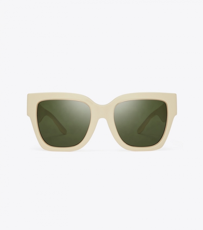 TORY BURCH KIRA SQUARE SUNGLASSES - Ivory/Solid Green | Free Shipping