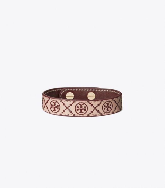 TORY BURCH MILLER LEATHER BRACELET - Tory Gold / Shell Pink / Muscadine | Free Shipping