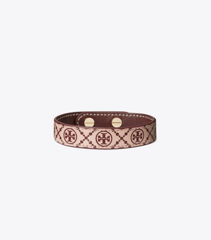 TORY BURCH MILLER LEATHER BRACELET - Tory Gold / Shell Pink / Muscadine | Free Shipping