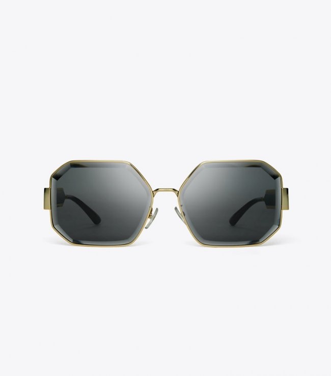 TORY BURCH KIRA FACETED GEOMETRIC SUNGLASSES - Shiny Light Gold/Solid Grey | Free Shipping