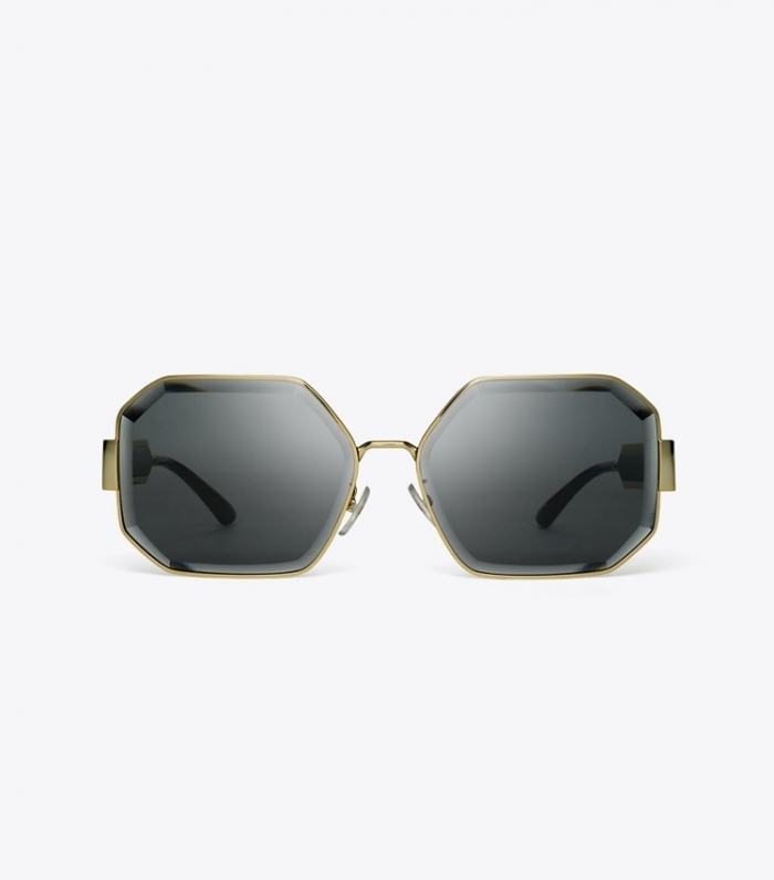 TORY BURCH KIRA FACETED GEOMETRIC SUNGLASSES - Shiny Light Gold/Solid Grey | Free Shipping