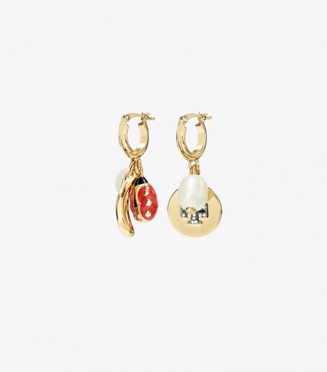 TORY BURCH CHARM HOOP EARRING - Tory Gold / Cream / Crystal | Free Shipping