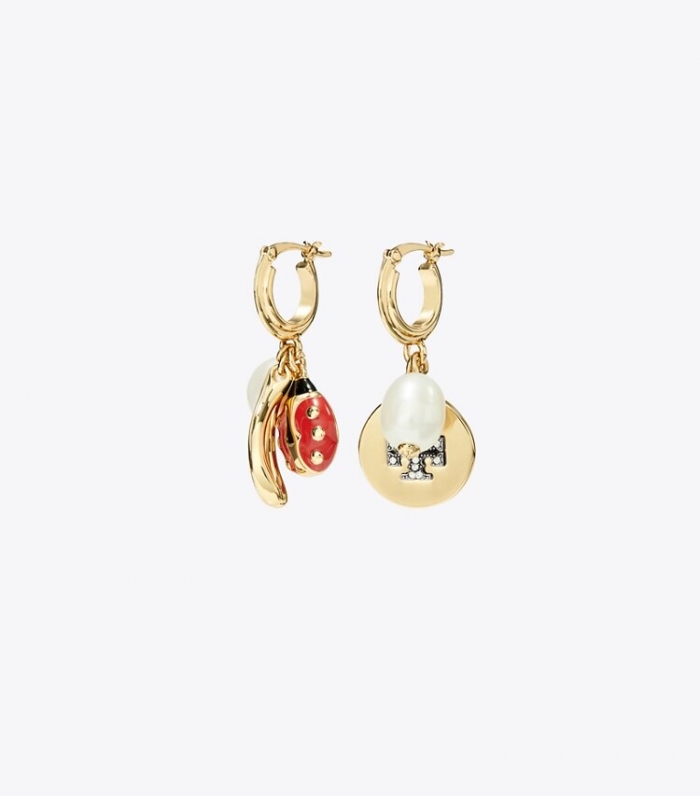 TORY BURCH CHARM HOOP EARRING - Tory Gold / Cream / Crystal | Free Shipping