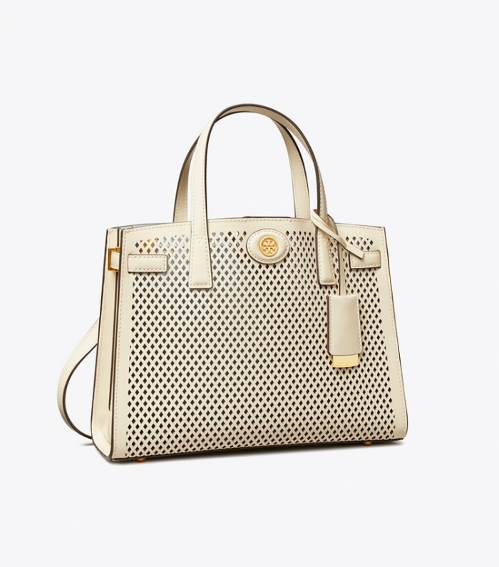 TORY BURCH SMALL ROBINSON PERFORATED SATCHEL - Light Cream | Free Shipping