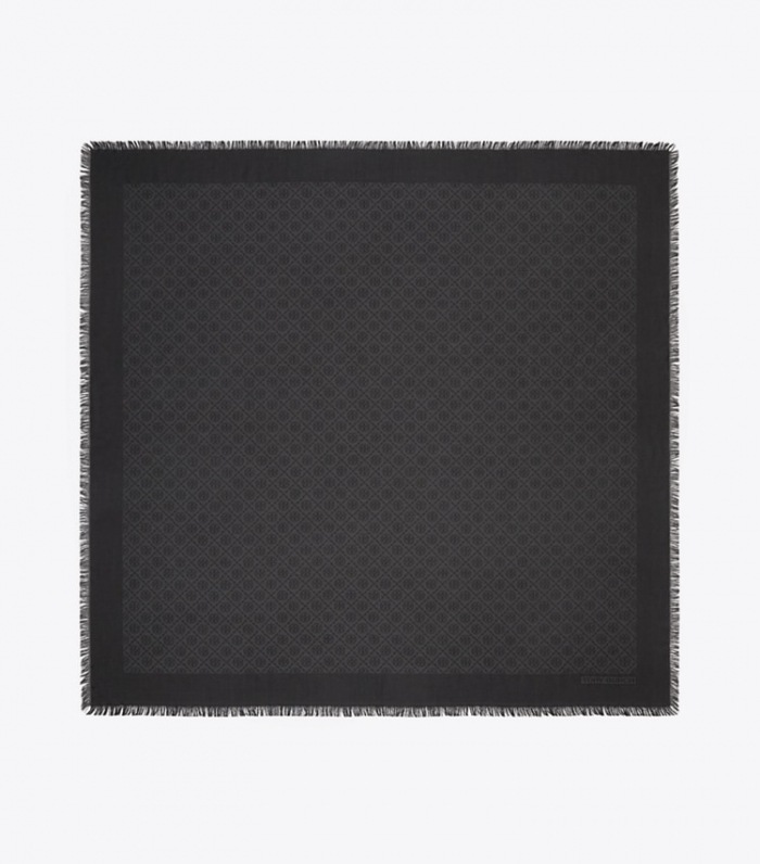 TORY BURCH T MONOGRAM JACQUARD TRAVELER SCARF - Black | Free Shipping