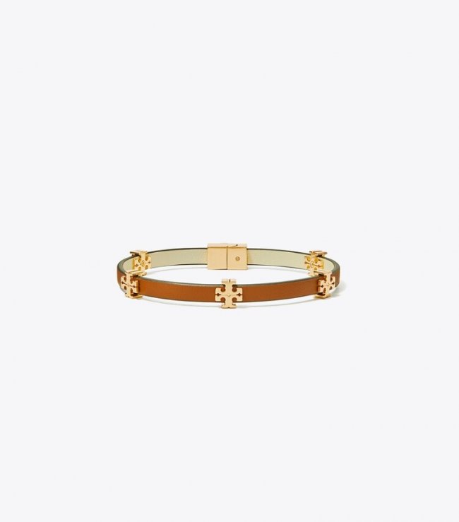 TORY BURCH ELEANOR LEATHER BRACELET - Tory Gold / Cuoio | Free Shipping