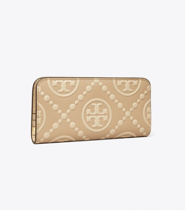 TORY BURCH T MONOGRAM CONTRAST EMBOSSED ZIP SLIM WALLET - Longan / New Cream | Free Shipping