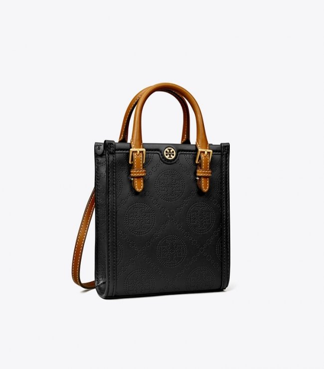 TORY BURCH MINI T MONOGRAM PERFORATED TOTE - Black | Free Shipping