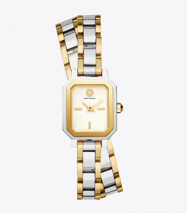 TORY BURCH ROBINSON MINI WATCH, TWO-TONE GOLD/STAINLESS STEEL - Silver/Gold/Ivory | Free Shipping