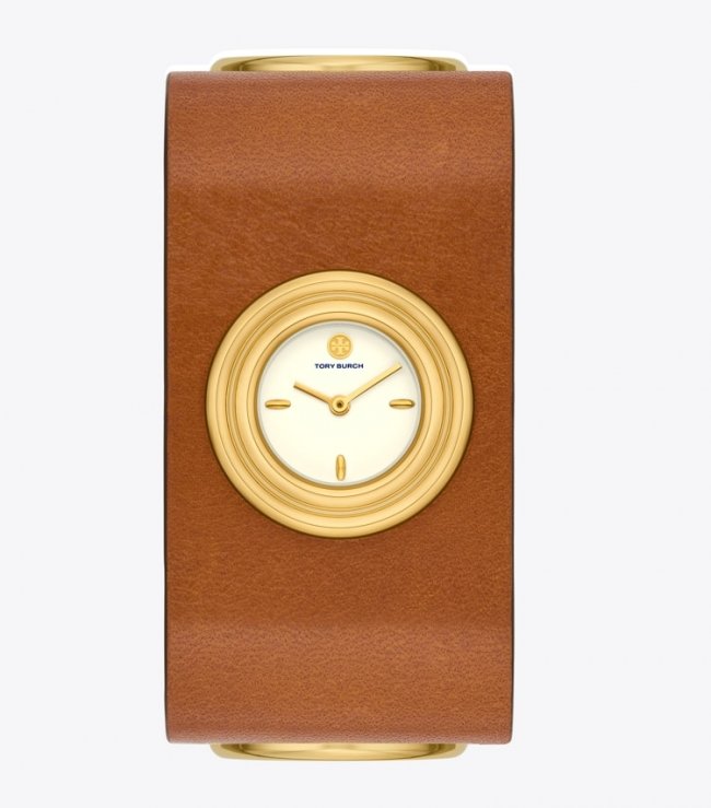 TORY BURCH LEATHER CUFF WATCH, GOLD-TONE STAINLESS STEEL - Ivory/Cuoio | Free Shipping