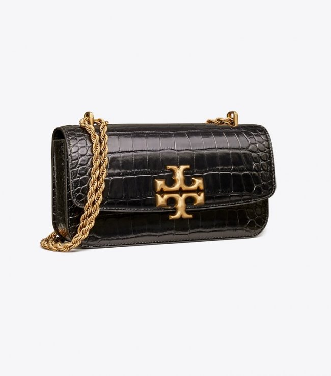 TORY BURCH ELEANOR CROC-EMBOSSED BAG - Black / Rolled Gold | Free Shipping