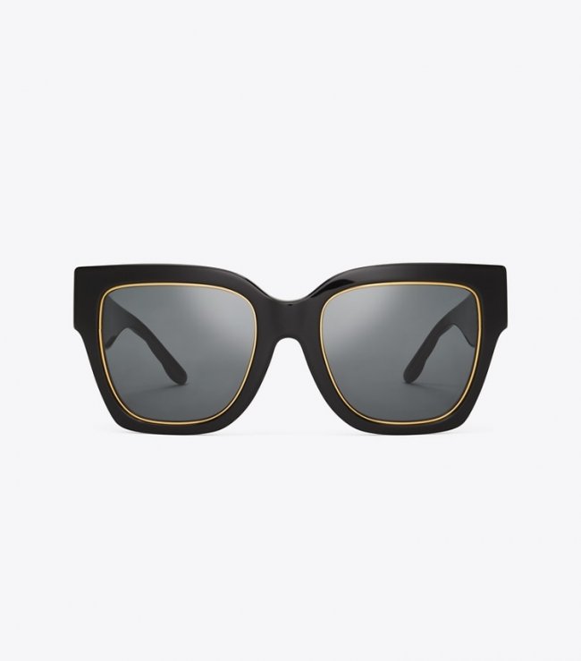 TORY BURCH KIRA SQUARE SUNGLASSES - Black/Solid Grey | Free Shipping