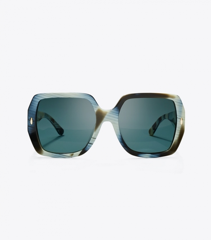 TORY BURCH MILLER OVERSIZED SQUARE SUNGLASSES - Ivory/Brown Horn/Solid Green | Free Shipping