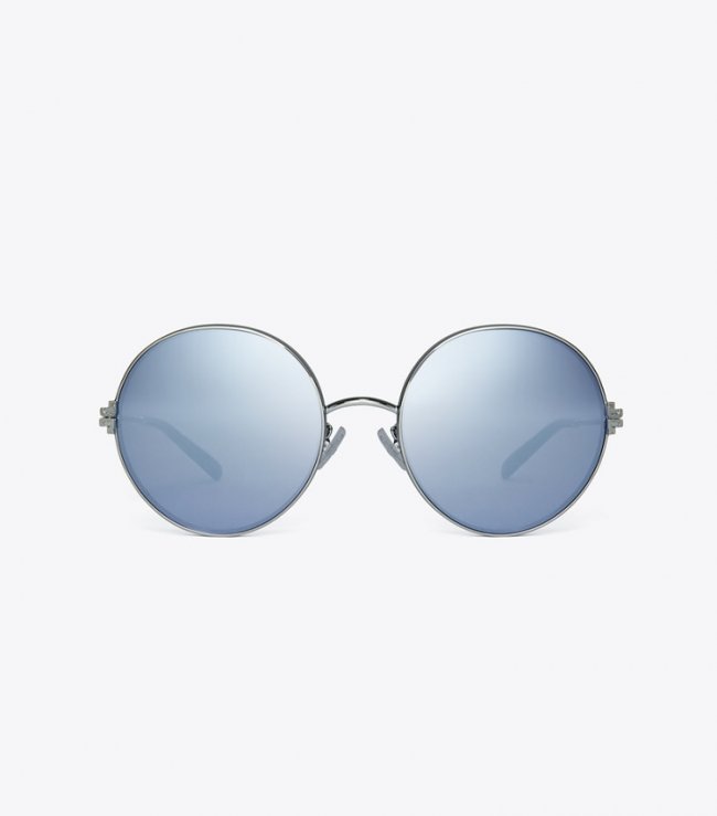 TORY BURCH ELEANOR METAL ROUND SUNGLASSES - Shiny Silver/Dark Blue Mirror | Free Shipping