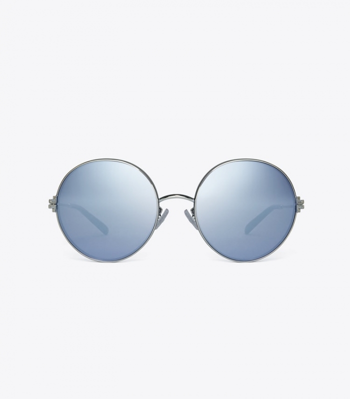 TORY BURCH ELEANOR METAL ROUND SUNGLASSES - Shiny Silver/Dark Blue Mirror | Free Shipping