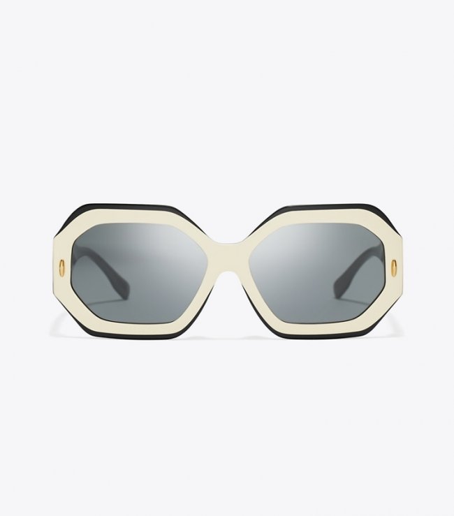 TORY BURCH MILLER GEOMETRIC SUNGLASSES - Black/Ivory/Dark Grey Solid | Free Shipping
