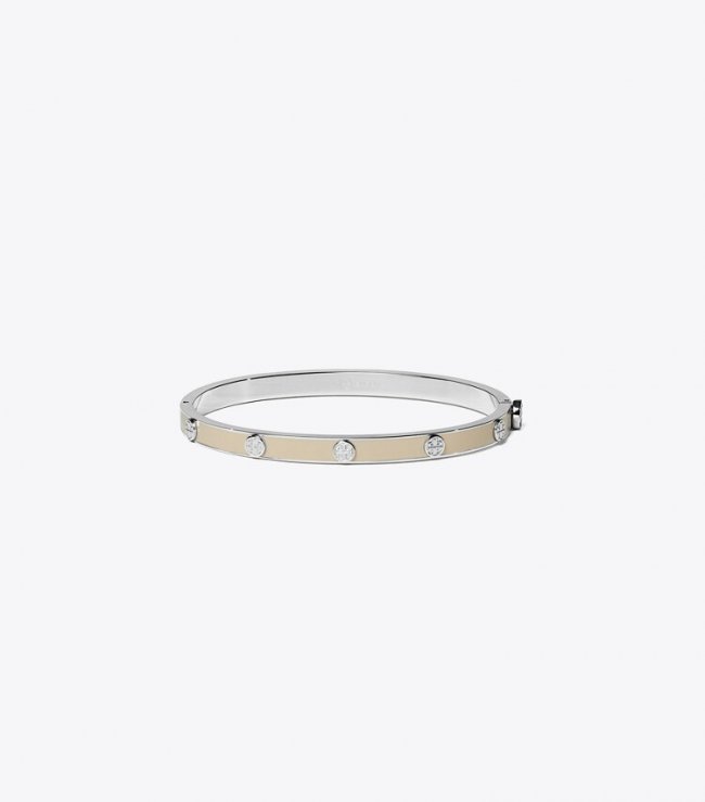 TORY BURCH MILLER STUD ENAMEL 5MM HINGE BRACELET - Tory Silver / Sand | Free Shipping