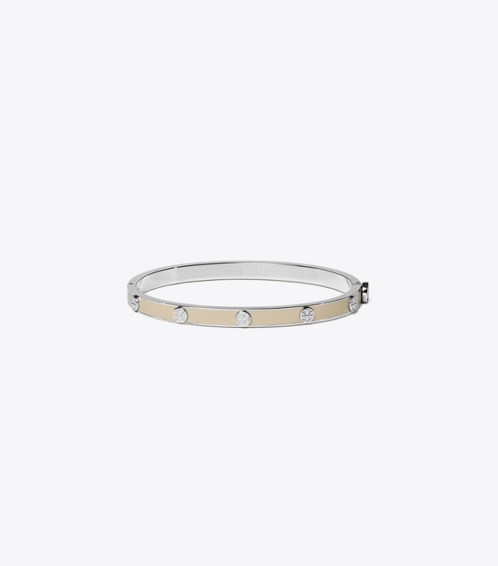 TORY BURCH MILLER STUD ENAMEL 5MM HINGE BRACELET - Tory Silver / Sand | Free Shipping