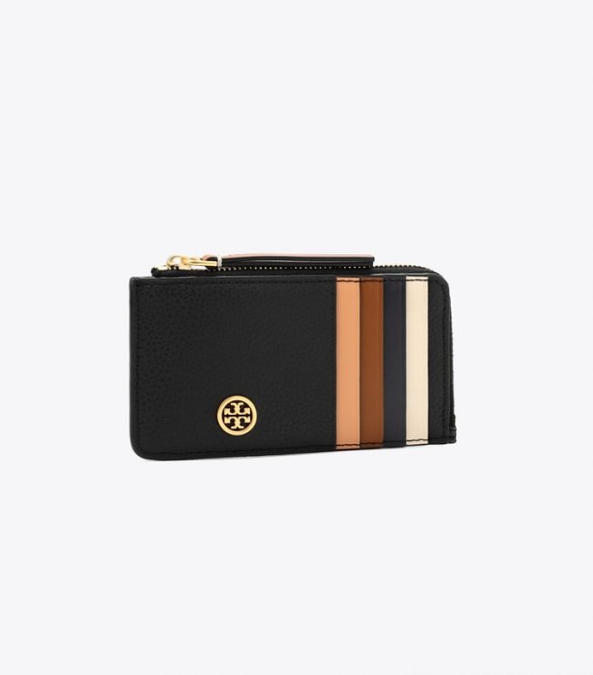 TORY BURCH ROBINSON PEBBLED TOP-ZIP CARD CASE - Black | Free Shipping