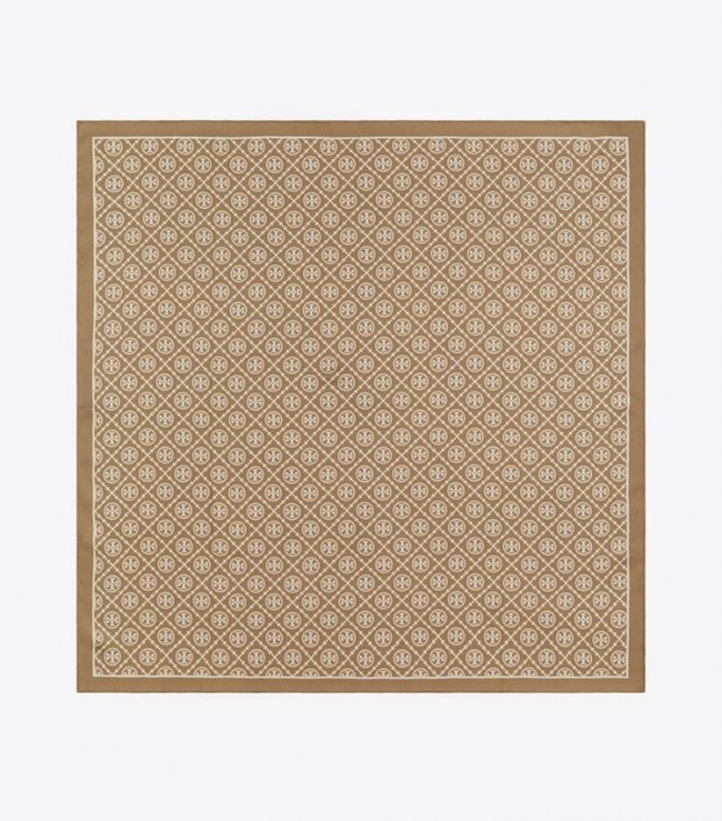 TORY BURCH T MONOGRAM DOUBLE-SIDED SILK SQUARE SCARF - Natural Khaki | Free Shipping