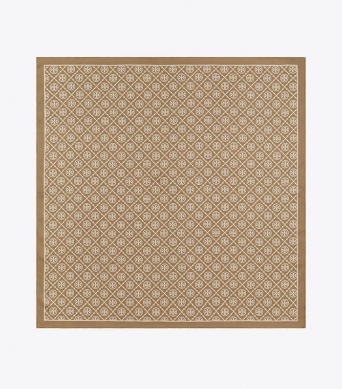 TORY BURCH T MONOGRAM DOUBLE-SIDED SILK SQUARE SCARF - Natural Khaki | Free Shipping