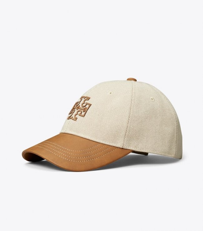 TORY BURCH TWO-TONE CANVAS CAP - Natural Brown | Free Shipping