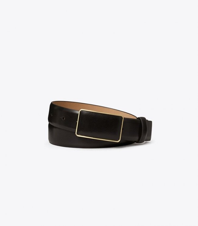 TORY BURCH SMOOTH LEATHER PLATE BELT - Black / Gold | Free Shipping