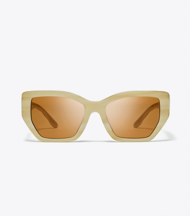 TORY BURCH KIRA OVERSIZED GEOMETRIC SUNGLASSES - Ivory Horn/Solid Brown | Free Shipping