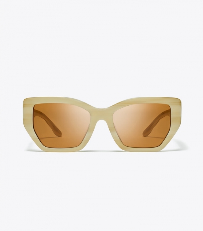 TORY BURCH KIRA OVERSIZED GEOMETRIC SUNGLASSES - Ivory Horn/Solid Brown | Free Shipping