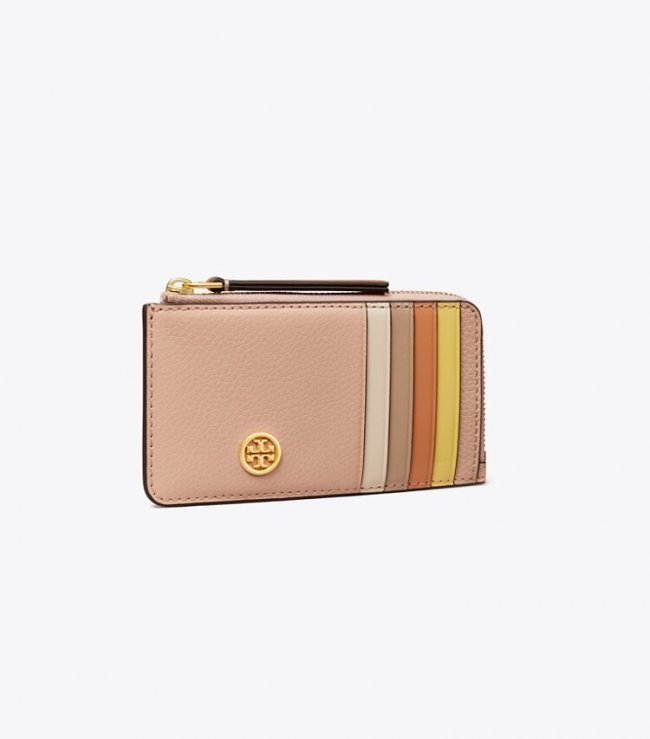 TORY BURCH ROBINSON PEBBLED TOP-ZIP CARD CASE - Goan Sand | Free Shipping