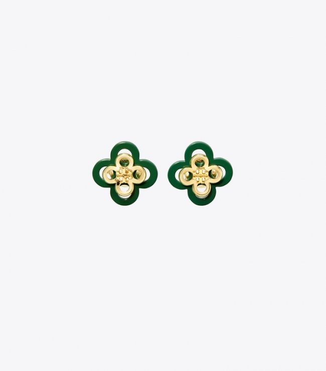 TORY BURCH KIRA CLOVER STACKED STUD - Tory Gold / Green | Free Shipping