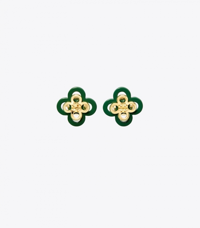 TORY BURCH KIRA CLOVER STACKED STUD - Tory Gold / Green | Free Shipping
