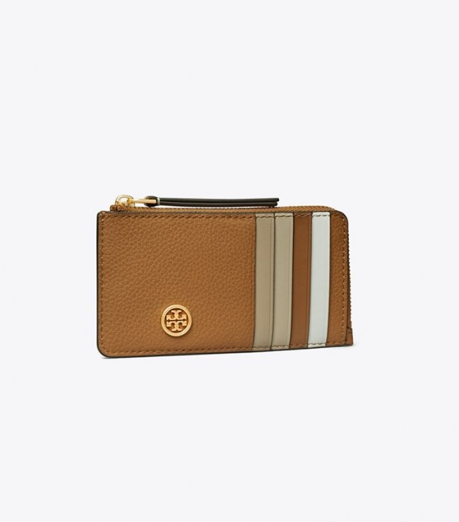 TORY BURCH ROBINSON PEBBLED TOP-ZIP CARD CASE - Tiger's Eye | Free Shipping