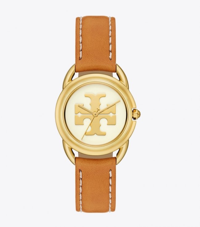 TORY BURCH MILLER WATCH, LEATHER / GOLD-TONE STAINLESS STEEL - Ivory/Gold/Luggage | Free Shipping