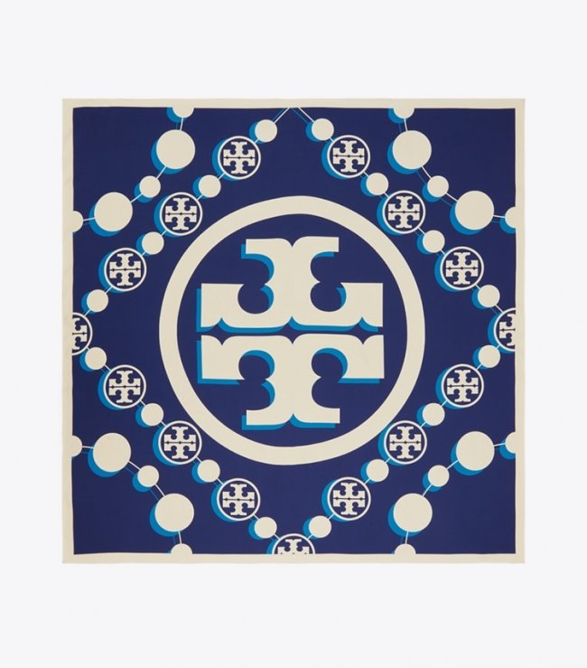 TORY BURCH 3D T MONOGRAM DOUBLE-SIDED SILK SQUARE SCARF - Navy | Free Shipping