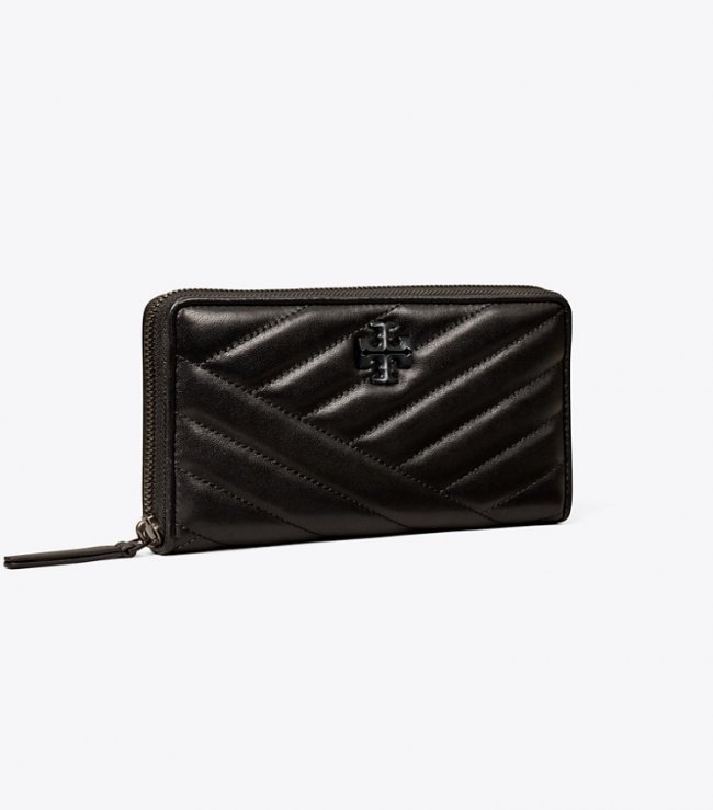 TORY BURCH KIRA CHEVRON POWDER-COATED ZIP CONTINENTAL WALLET - Black | Free Shipping
