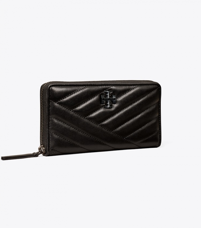 TORY BURCH KIRA CHEVRON POWDER-COATED ZIP CONTINENTAL WALLET - Black | Free Shipping