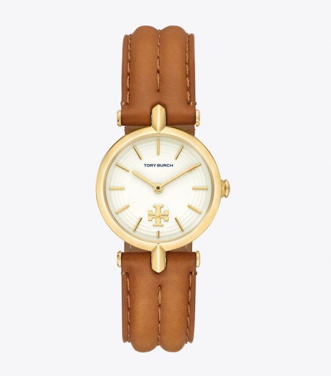 TORY BURCH KIRA WATCH, LEATHER/GOLD-TONE STAINLESS STEEL - Ivory/Gold/Luggage | Free Shipping