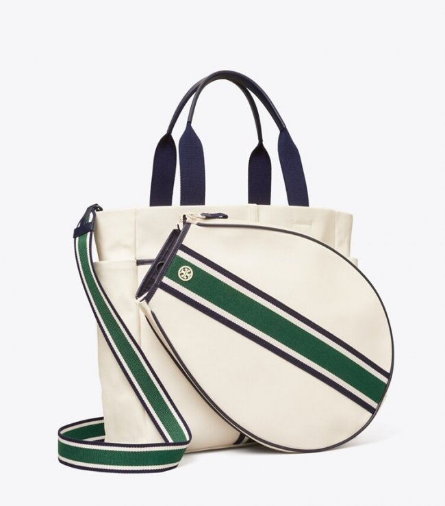 TORY BURCH CONVERTIBLE STRIPE TENNIS TOTE - Ivory Pearl / Evergreen | Free Shipping