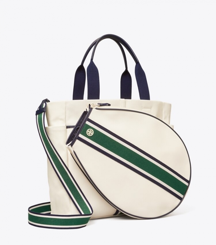 TORY BURCH CONVERTIBLE STRIPE TENNIS TOTE - Ivory Pearl / Evergreen | Free Shipping
