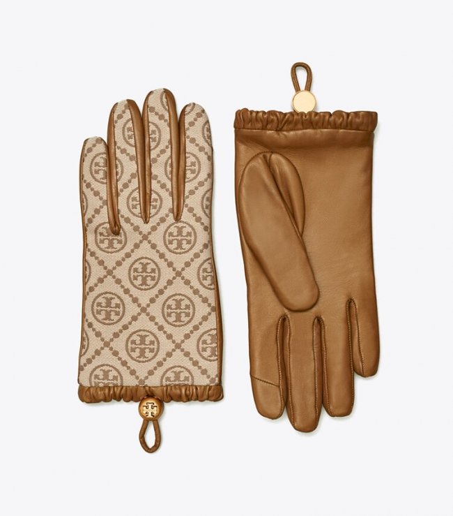 TORY BURCH T MONOGRAM GLOVES - Hazel / Bistro Brown | Free Shipping