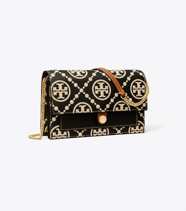 TORY BURCH T MONOGRAM CONTRAST EMBOSSED CHAIN WALLET - Black / New Cream | Free Shipping