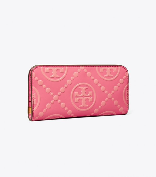 TORY BURCH T MONOGRAM CONTRAST EMBOSSED ZIP SLIM WALLET - Pink Fluorite | Free Shipping